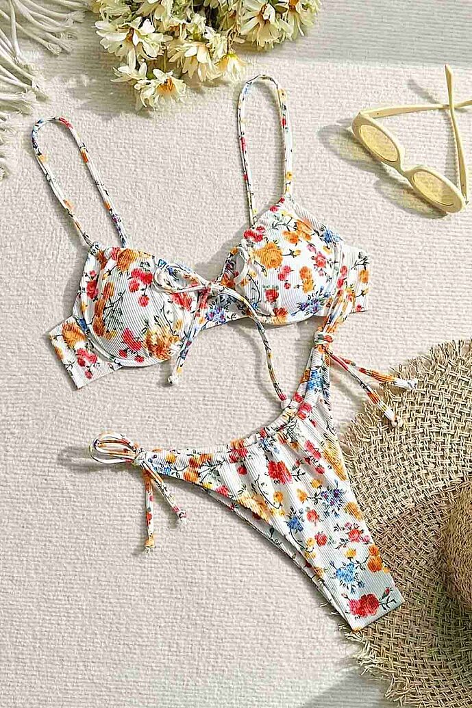 Angelsin Alt Bağlamalı Çiçek Baskılı Bikini Takımı Çok Renkli - 4