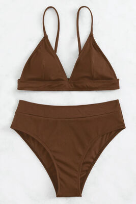 Angelsin - Angelsin Ayarlanabilir Askılı Üçgen Tasarım Bikini Üstü Kahverengi (1)