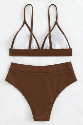 Angelsin Ayarlanabilir Askılı Üçgen Tasarım Yüksek Bel Bikini Takımı Kahverengi - 3