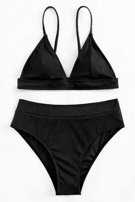 Angelsin - Angelsin Ayarlanabilir Askılı Üçgen Tasarım Yüksek Bel Bikini Takımı Siyah (1)