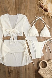 Angelsin Bağlamalı Alt Üst Pareo Üçgen 4'lü Brezilya Bikini Takım Set(Çıkartılabilir Kaplı) Beyaz - Thumbnail