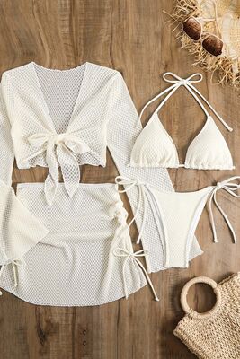 Angelsin - Angelsin Bağlamalı Alt Üst Pareo Üçgen 4'lü Brezilya Bikini Takım Set(Çıkartılabilir Kaplı) Beyaz