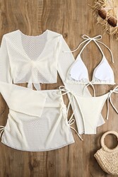 Angelsin Bağlamalı Alt Üst Pareo Üçgen 4'lü Brezilya Bikini Takım Set(Çıkartılabilir Kaplı) Beyaz - Thumbnail