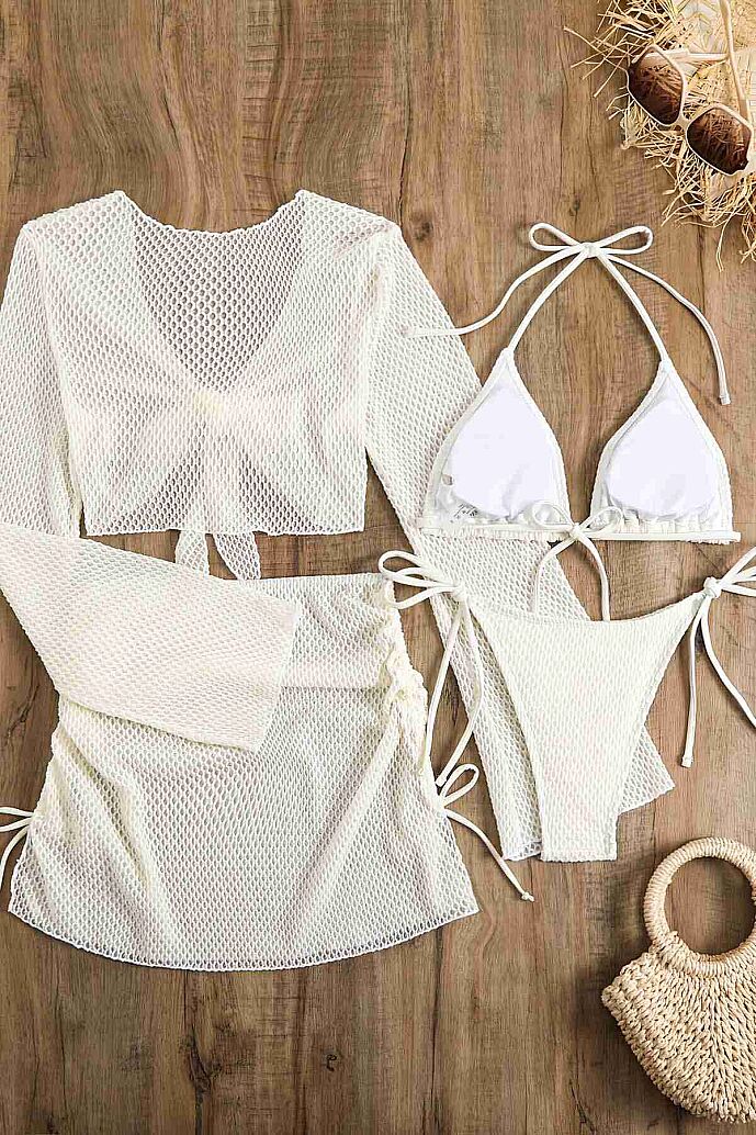 Angelsin Bağlamalı Alt Üst Pareo Üçgen 4'lü Brezilya Bikini Takım Set(Çıkartılabilir Kaplı) Beyaz - 5
