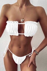 Angelsin Brezilya Model Büzgülü Bağlamalı Bikini Altı Beyaz - Thumbnail