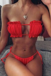 Angelsin Brezilya Model Büzgülü Bağlamalı Bikini Altı Kırmızı - Thumbnail