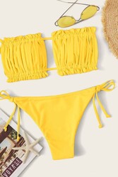 Angelsin Brezilya Model Büzgülü Bağlamalı Bikini Altı Sarı - Thumbnail