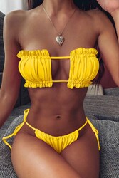 Angelsin Brezilya Model Büzgülü Bağlamalı Bikini üstü Sarı - Thumbnail