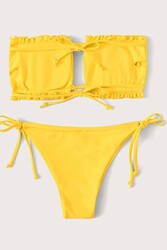 Angelsin Brezilya Model Büzgülü Bağlamalı Bikini üstü Sarı - Thumbnail