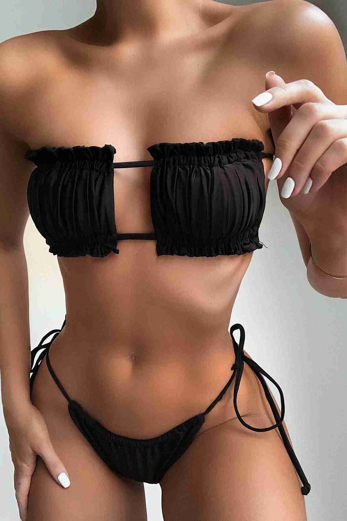 Angelsin Brezilya Model Büzgülü Bağlamalı Bikini üst Siyah