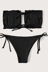 Angelsin Brezilya Model Büzgülü Bağlamalı Bikini üstü Siyah - Thumbnail