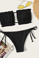 Angelsin Brezilya Model Büzgülü Bağlamalı Bikini üstü Siyah - Thumbnail