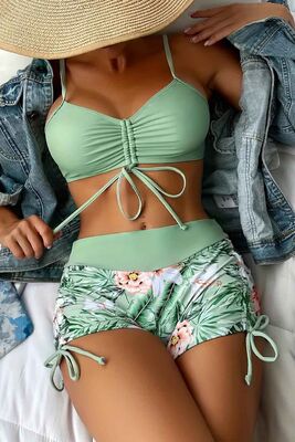 Angelsin - Angelsin Büzgü Ayarlı Baskılı Bikini Takımı Yeşil