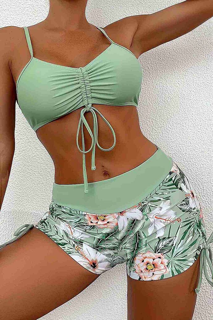 Angelsin Büzgü Ayarlı Baskılı Bikini Takımı Yeşil - 5