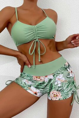 Angelsin - Angelsin Büzgü Ayarlı Baskılı Deniz Şortu Bikini Alt Yeşil