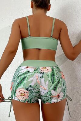 Angelsin - Angelsin Büzgü Ayarlı Baskılı Deniz Şortu Bikini Alt Yeşil (1)