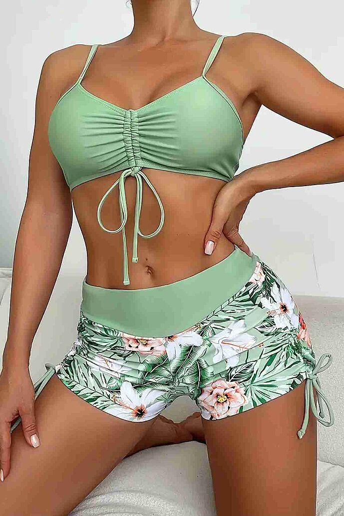 Angelsin Büzgü Ayarlı Baskılı Deniz Şortu Bikini Alt Yeşil - 3