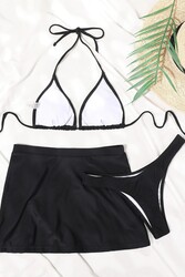 Angelsin Deniz Etekli 3 lü Bikini Takım (Çıkartılabilir Kaplı) Siyah - Thumbnail