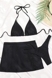 Angelsin Deniz Etekli 3 lü Bikini Takım (Çıkartılabilir Kaplı) Siyah - Thumbnail