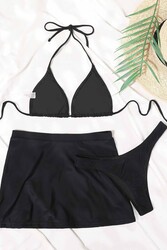 Angelsin Deniz Etekli 3 lü Bikini Takım (Çıkartılabilir Kaplı) Siyah - Thumbnail