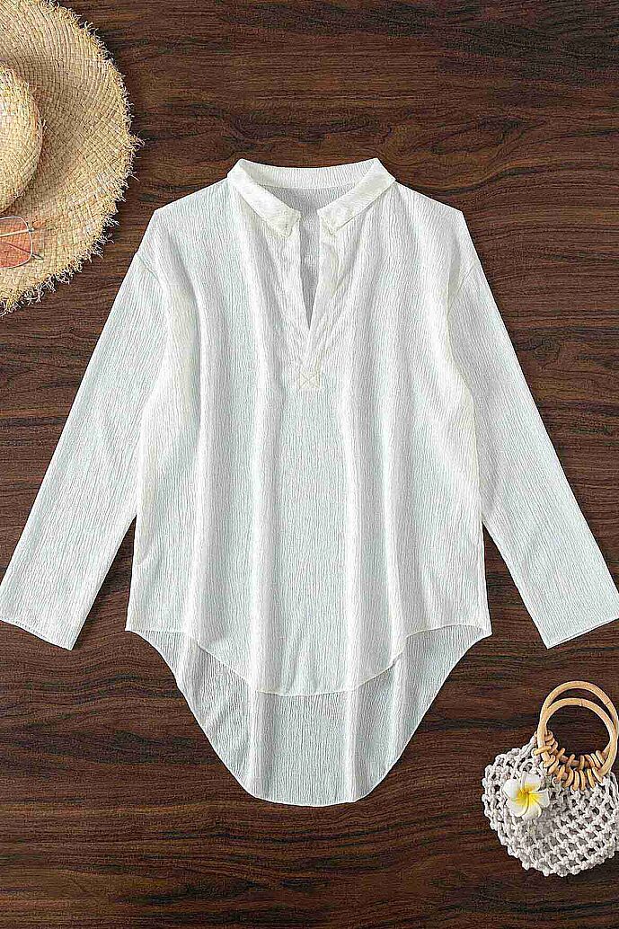 Angelsin Gömlek Görünümlü Likralı Plaj Elbisesi Pareo Cover Up Kimono Beyaz - 4