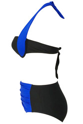 Angelsin Kaplı Mavi Siyah Tasarımlı Yüksek Bel Bikini Takım - Thumbnail