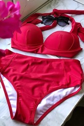 Angelsin Kırmızı Yuksek Bel Bikini Takım - Thumbnail