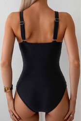 Angelsin Kruvaze Derin V Yaka Toparlayıcılı Mayo Siyah - Thumbnail