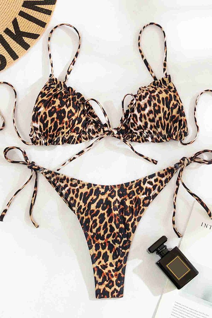 Angelsin Leopar Desenli İpli Tasarım Bağlamalı Bikini Üstü Çok Renkli - 3