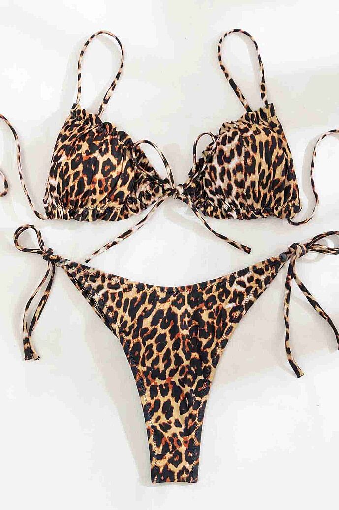 Angelsin Leopar Desenli İpli Tasarım Bağlamalı Bikini Üstü Çok Renkli - 4
