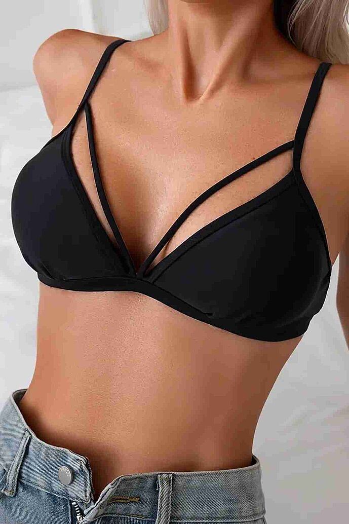 Angelsin Metal Kopçalı Şık Bikini Üstü (Çıkartılabilir Kaplı) Siyah - 3