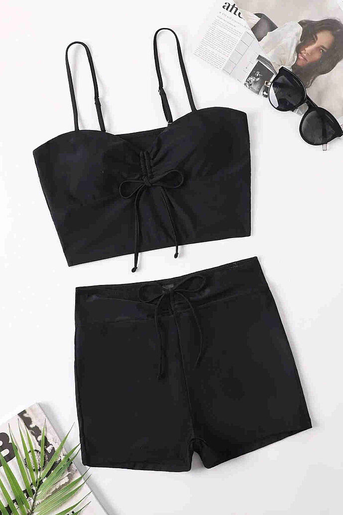 Angelsin Önden Ayarlı Büzgülü Deniz Şortlu Tankini Bikini Takım Siyah - 4