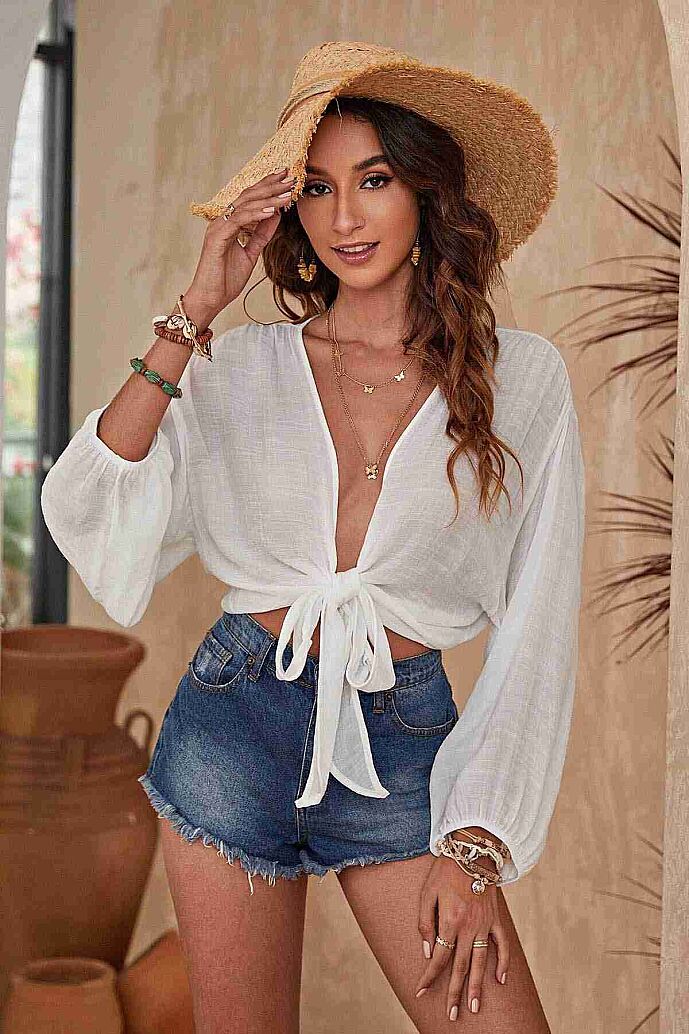 Angelsin Önden Bağlamalı Salaş Gömlek Pareo Crop Bluz Beyaz - 6