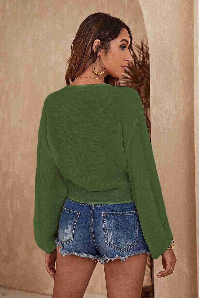 Angelsin Önden Bağlamalı Salaş Gömlek Pareo Crop Bluz Haki - 3