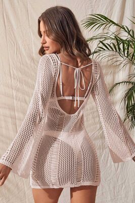 Angelsin - Angelsin Örme Pamuk Uzun Kollu Pareo Plaj Elbisesi Kimono Kaftan AÇIK KREM