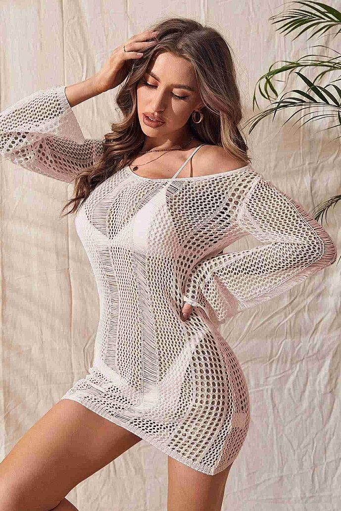 Angelsin Örme Pamuk Uzun Kollu Pareo Plaj Elbisesi Kimono Kaftan AÇIK KREM - 3