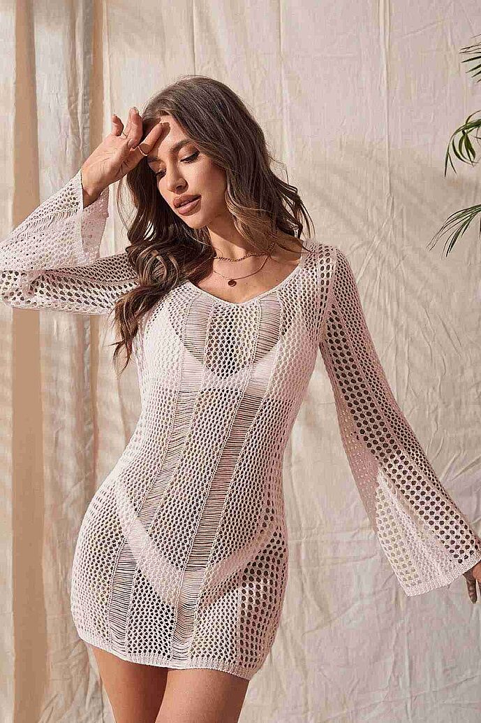 Angelsin Örme Pamuk Uzun Kollu Pareo Plaj Elbisesi Kimono Kaftan AÇIK KREM - 4