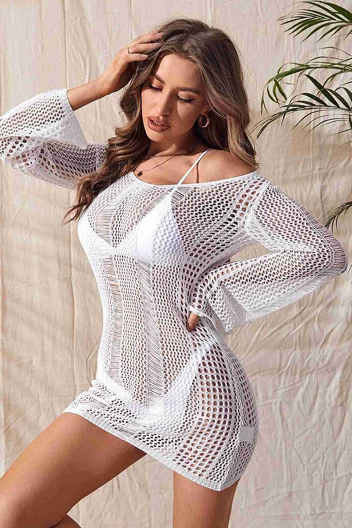 Angelsin Örme Pamuk Uzun Kollu Pareo Plaj Elbisesi Kimono Kaftan Beyaz - 3
