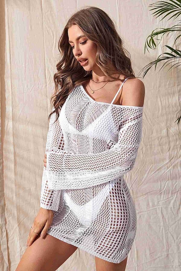 Angelsin Örme Pamuk Uzun Kollu Pareo Plaj Elbisesi Kimono Kaftan Beyaz - 5