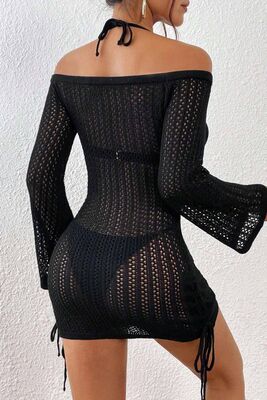 Angelsin - Angelsin Örme Yanlardan Büzgülü Uzun Kollu Plaj Elbisesi Pareo Siyah (1)