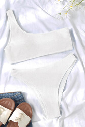 Angelsin Özel Fitilli Kumaş Bikini Takım Beyaz - Thumbnail