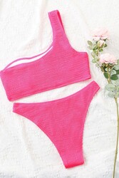 Angelsin Özel Fitilli Kumaş Bikini Takım Pembe - Thumbnail