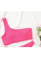 Angelsin Özel Fitilli Kumaş Bikini Üstü Pembe - Thumbnail