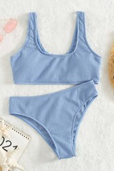 Angelsin Özel Fitilli Kumaş Yüksek Bel Tankini Bikini Takım Mavi - Thumbnail