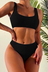 Angelsin Özel Fitilli Kumaş Yüksek Bel Tankini Bikini Takım Siyah - Thumbnail