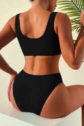 Angelsin Özel Fitilli Kumaş Yüksek Bel Tankini Bikini Takım Siyah - Thumbnail