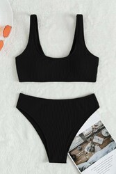 Angelsin Özel Fitilli Kumaş Yüksek Bel Tankini Bikini Takım Siyah - Thumbnail