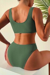 Angelsin Özel Fitilli Kumaş Yüksek Bel Tankini Bikini Takım Yeşil - Thumbnail