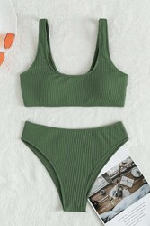 Angelsin Özel Fitilli Kumaş Yüksek Bel Tankini Bikini Takım Yeşil - Thumbnail