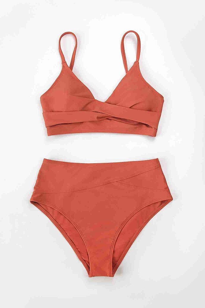 Angelsin Özel Tasarım Önden Çarpraz Yüksek Bel Bikini Takım Kırmızı - 3